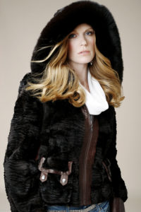 Brown sheared and grooved mink parka with leather trim