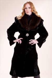 Black sheared mink walking coat with Russian sable collar