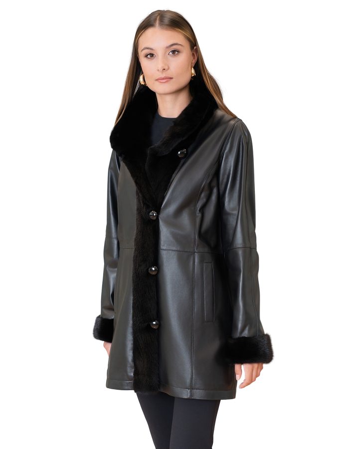 Black leather jacket with black mink fur trim